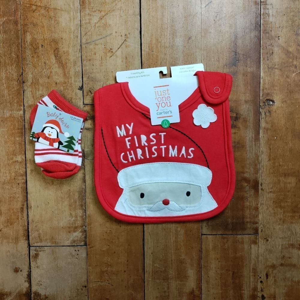 My first Christmas bib socks set water resistant Santa holiday accessories new